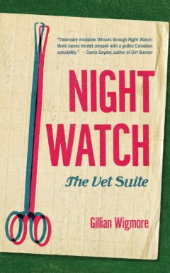 The book's title, Night Watch: The Vet Suite appears in hot pink sits next to an illustration of scissor clamps, atop vintage graph paper and green background.